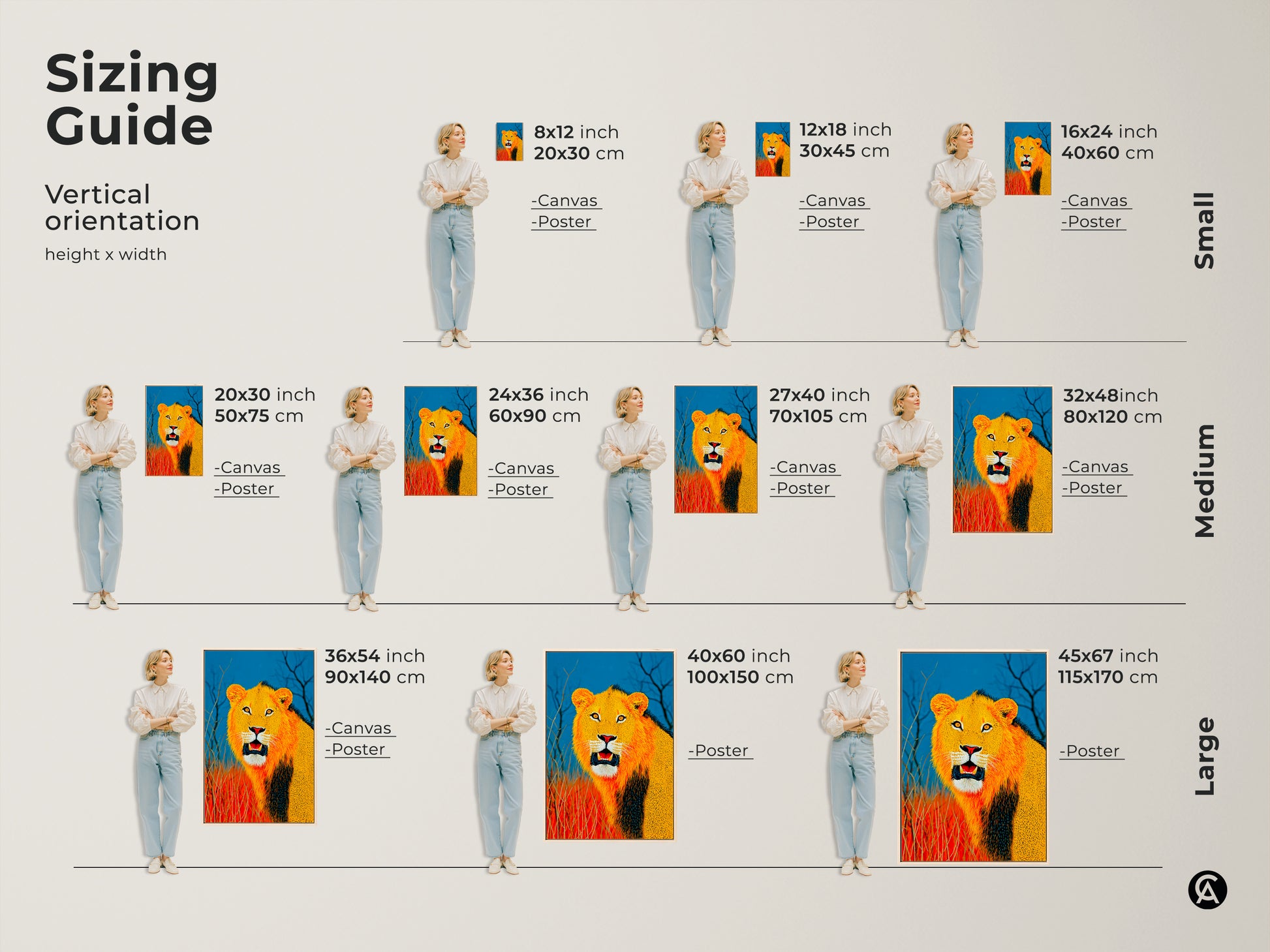 Sizing guide for vertical Lion art orientation. Find canvas and poster options in various sizes. Choose from small medium or large sizes. Ranging from 8x12 to 45x67 inches. Perfect for any space this golden yellow and blue wildlife art is a must-have.