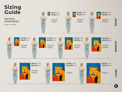 Sizing guide for vertical Lion art orientation. Find canvas and poster options in various sizes. Choose from small medium or large sizes. Ranging from 8x12 to 45x67 inches. Perfect for any space this golden yellow and blue wildlife art is a must-have.