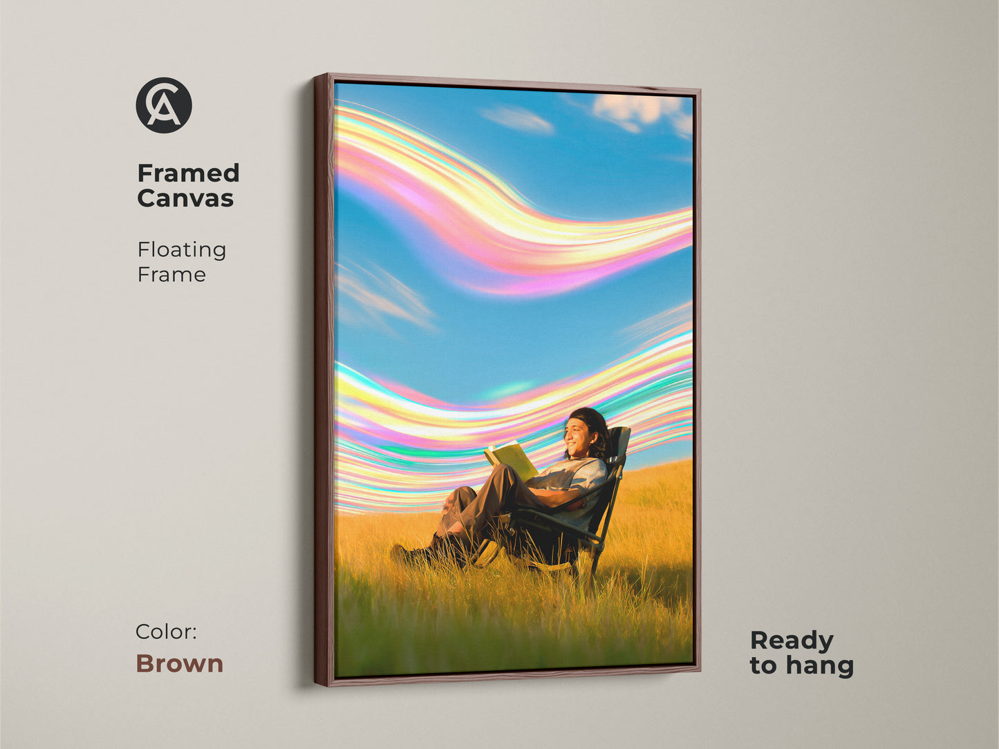 Framed canvas art showcasing a surreal person reading in nature. This conceptual artwork features a floating frame in a brown color. The blue green and yellow colors create a calming scene. This piece is perfect for adding a unique touch to a bedroom or home office. It is ready to hang.