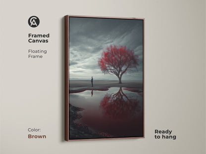 Framed canvas print displays a surreal desert landscape with a red tree and man. The floating frame in brown complements the contemporary artwork. This piece is ready to hang and adds a unique focal point to any room. A great housewarming gift for collectors of surrealism.