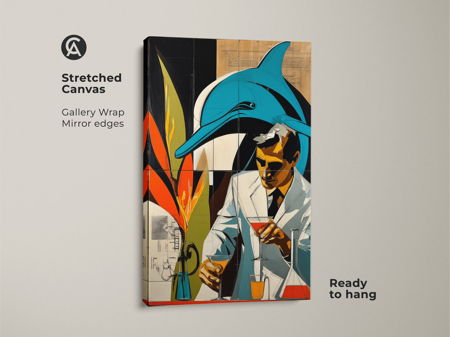 Stretched Canvas Gallery Wrap Mirror edges artwork shows a surreal blend of retro futurism and marine life featuring a dolphin and a scientist. It has teal and orange hues creating an eclectic graphic novel art aesthetic. This is Ready to hang unique art for science enthusiasts.