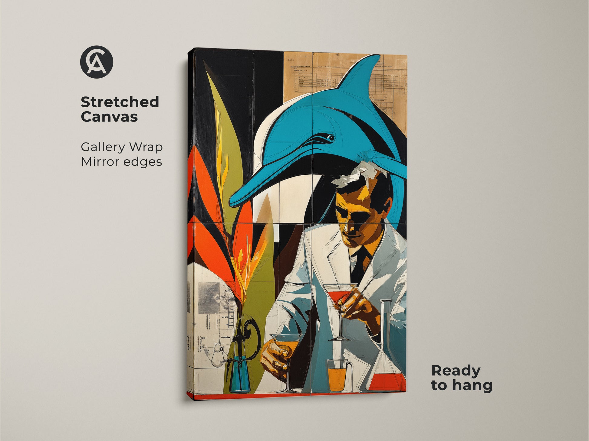 Stretched Canvas Gallery Wrap Mirror edges artwork shows a surreal blend of retro futurism and marine life featuring a dolphin and a scientist. It has teal and orange hues creating an eclectic graphic novel art aesthetic. This is Ready to hang unique art for science enthusiasts.