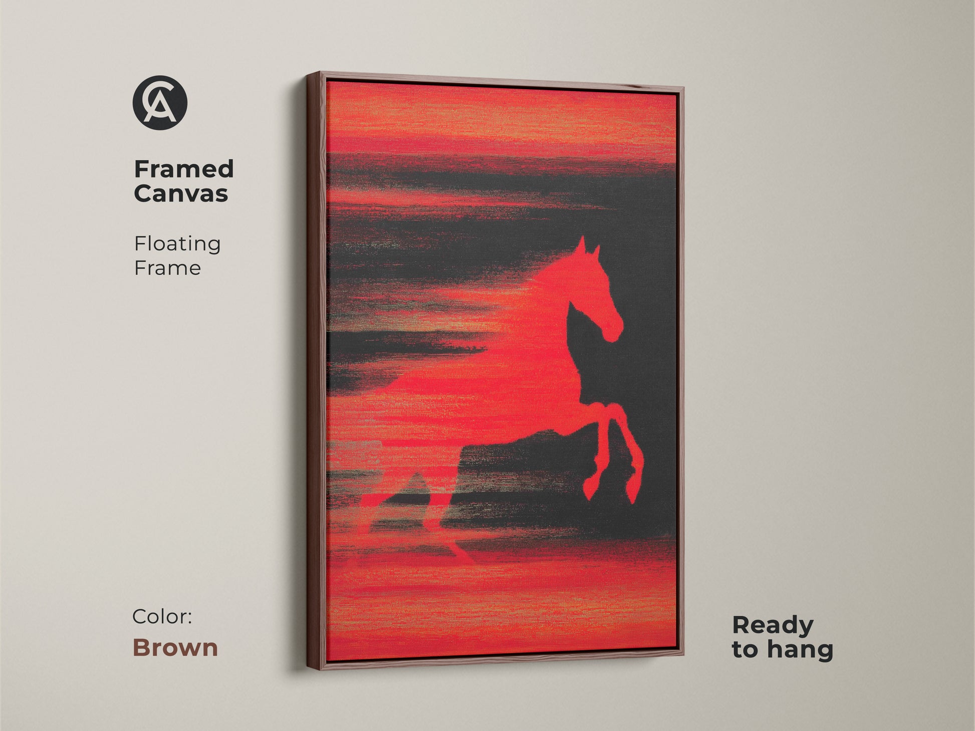 Framed Canvas of Abstract Horse Art in Brown Frame. This modern animal artwork is ready to hang. A vibrant red horse leaps across a dark textured background. This contemporary piece adds a bold statement to any room. Perfect for lovers of equestrian wall decor.