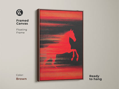 Framed Canvas of Abstract Horse Art in Brown Frame. This modern animal artwork is ready to hang. A vibrant red horse leaps across a dark textured background. This contemporary piece adds a bold statement to any room. Perfect for lovers of equestrian wall decor.
