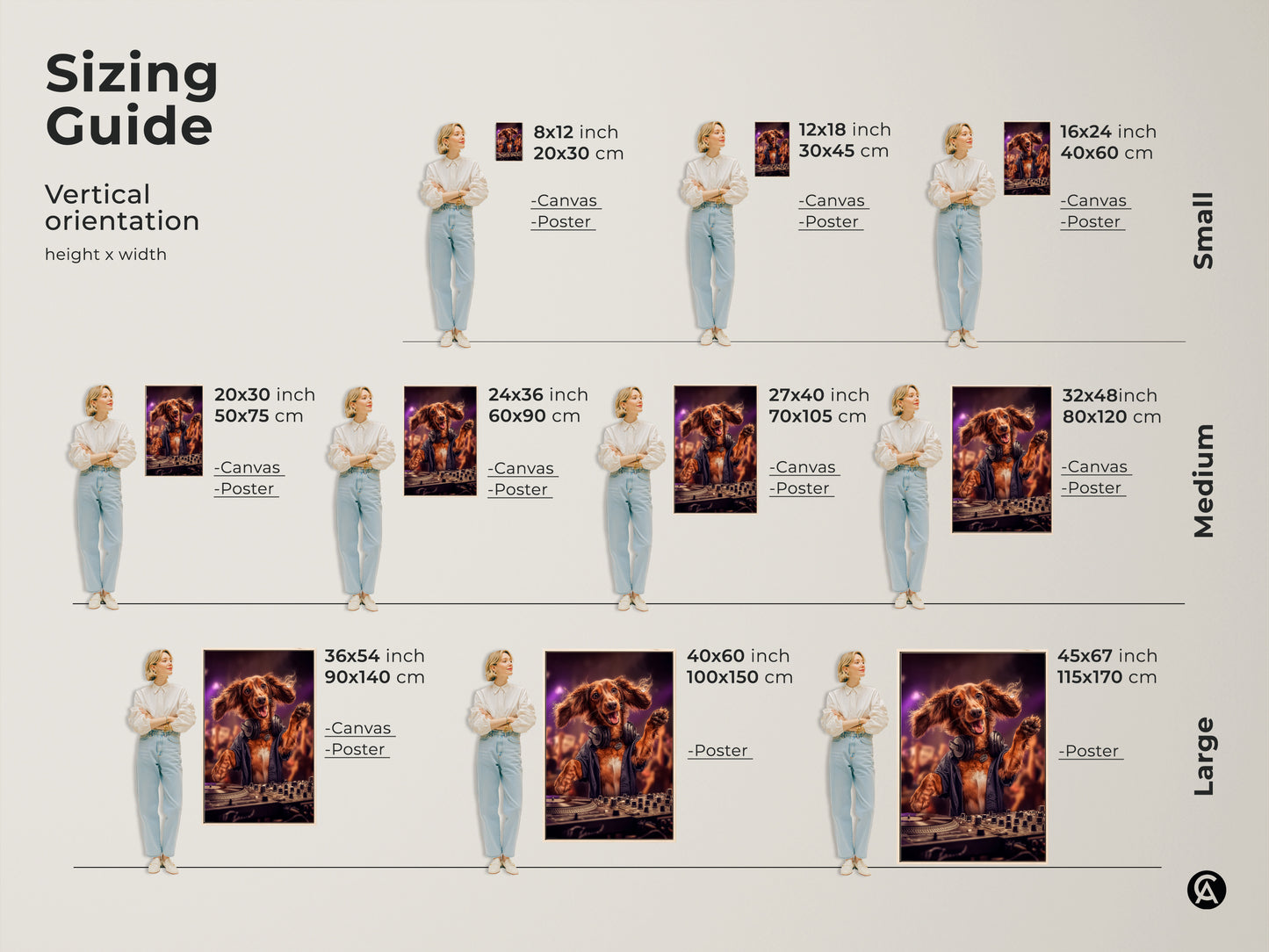 Sizing guide for the Dog DJ canvas and poster prints. Available in sizes from small to large. This eclectic animal artwork is perfect for various spaces. Choose the ideal size to enhance your home decor. It's a great gift for music and dog enthusiasts to elevate their walls.