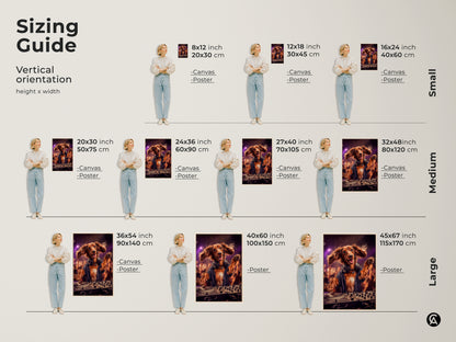 Sizing guide for the Dog DJ canvas and poster prints. Available in sizes from small to large. This eclectic animal artwork is perfect for various spaces. Choose the ideal size to enhance your home decor. It's a great gift for music and dog enthusiasts to elevate their walls.