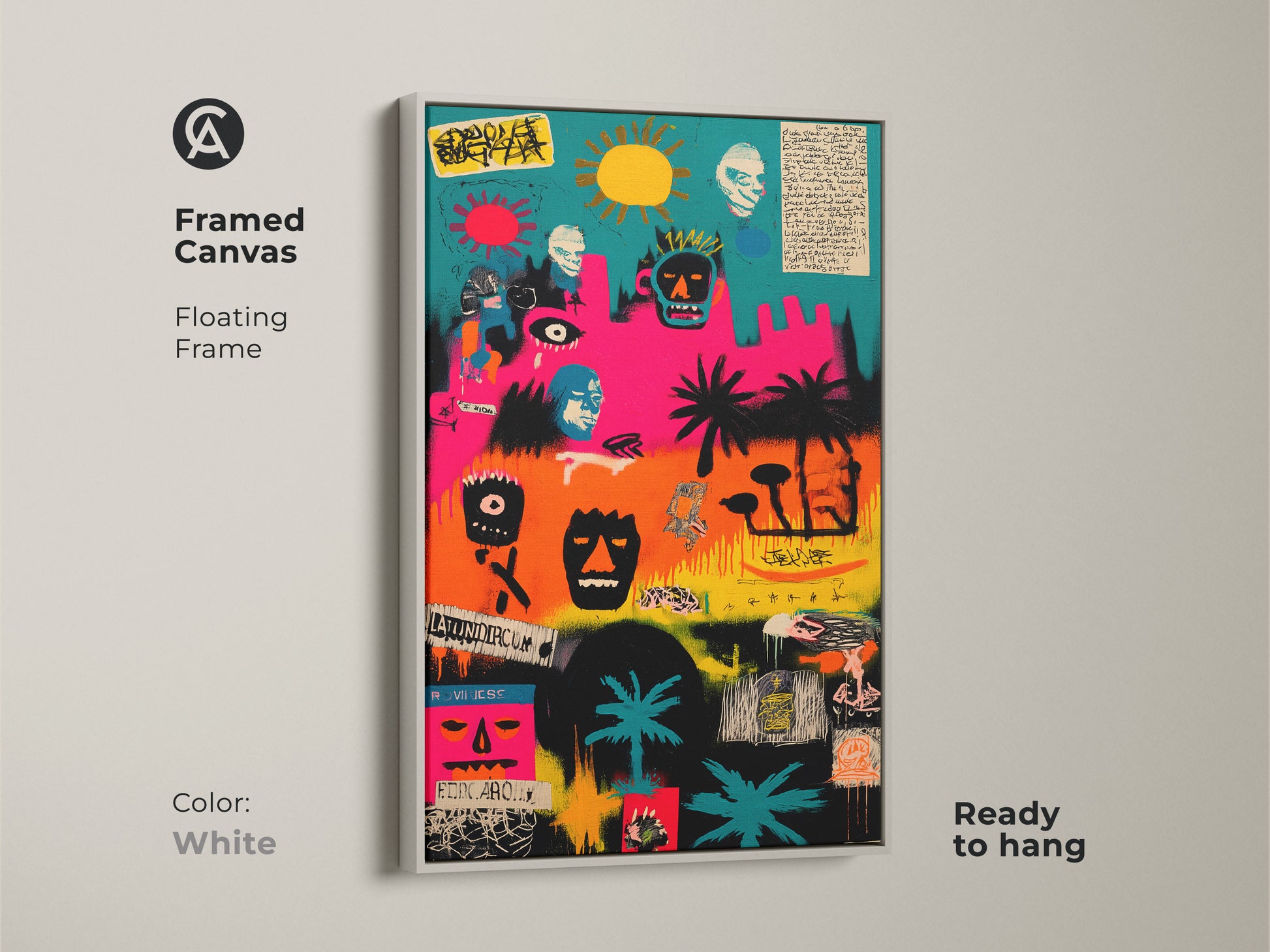 This framed canvas art features a white floating frame. The artwork is ready to hang. It features a collage of faces masks and palm trees. This enhances modern interiors with a fresh art.
