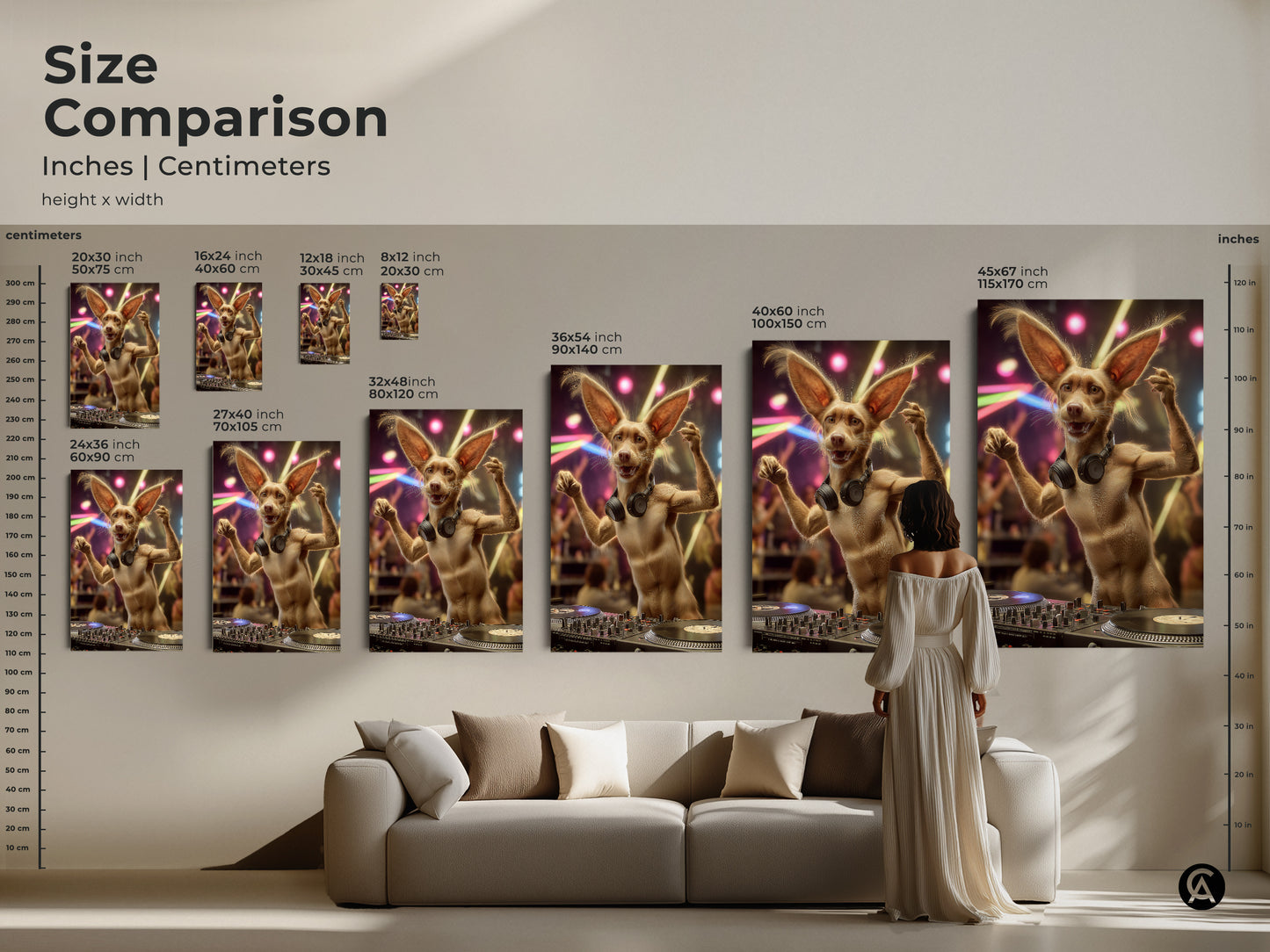 A size comparison of the Funny DJ Dog art print. Various sizes are hung above a couch to provide an idea of the scale. This artwork is available on Canvas and Poster print.