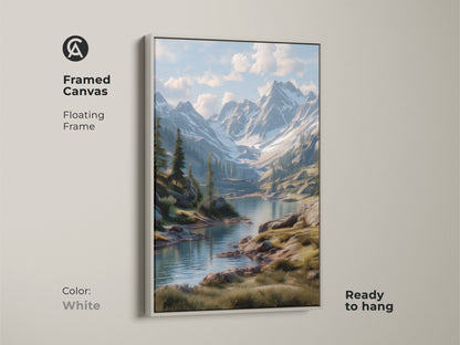 Framed canvas showcasing a beautiful mountain lake artwork. The floating frame complements the scenic painting. The white frame adds a clean modern touch. Ready to hang this artwork enhances any room. Perfect wall art for a minimalist style.