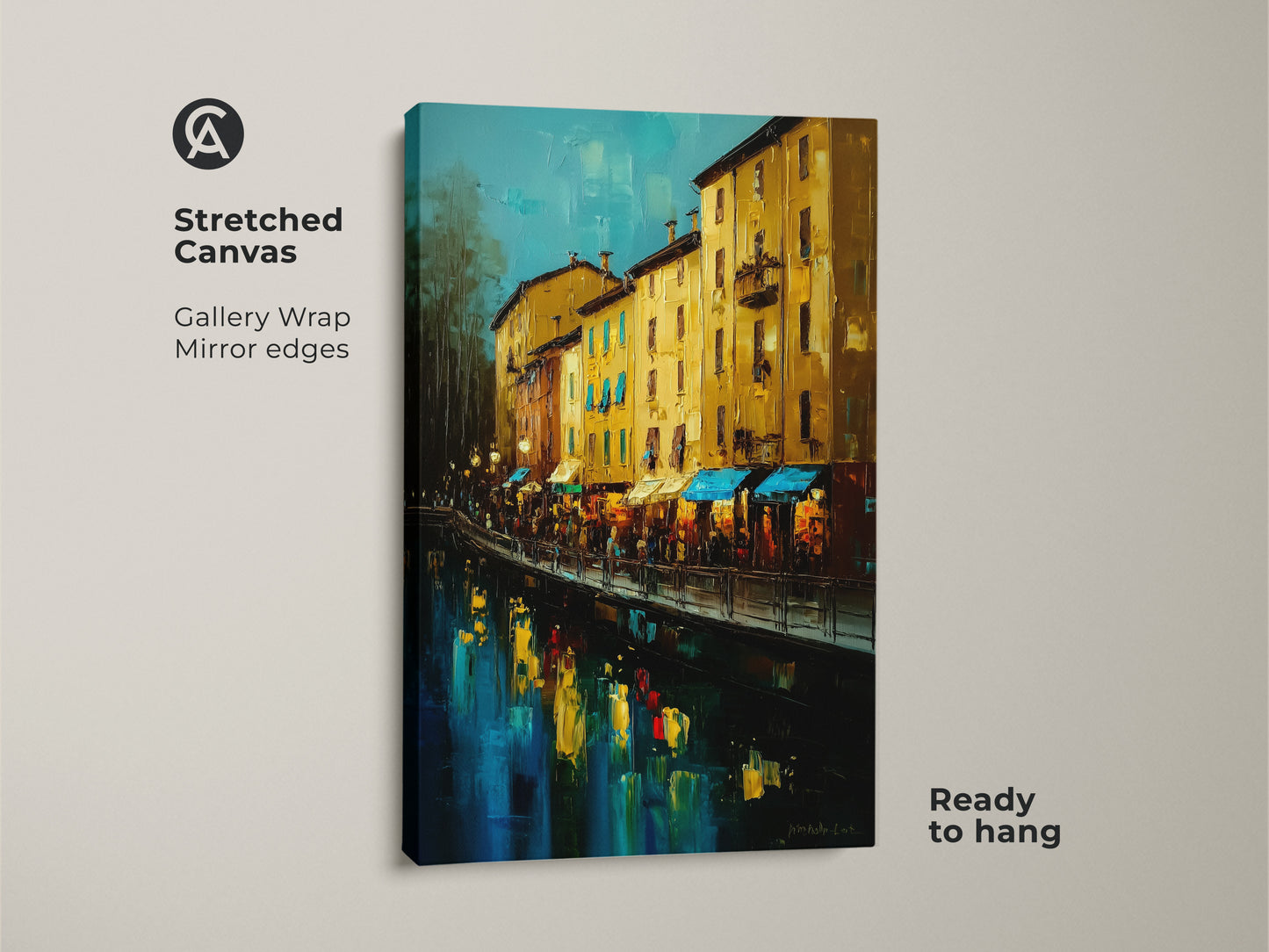 Stretched Canvas Italian Canal Art. The gallery-wrapped canvas shows mirror edges. This ready-to-hang artwork captures a yellow ochre and deep blue cityscape. The impressionistic style adds texture and depth to the waterfront painting.