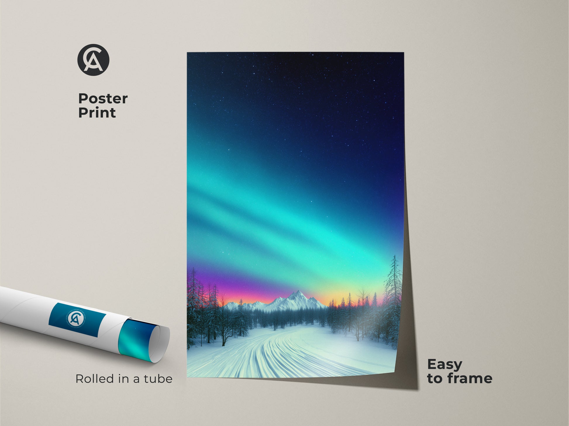 Poster print of snowy mountain landscape art rolled in a tube. Easy to frame stargazer astronomy gift. Teal blue and purple hues create a dreamy aurora borealis decor. Celestial nature wall art is perfect for bedroom.