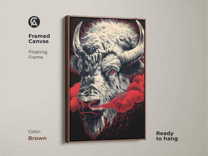 Framed buffalo canvas featuring a bison head with a red eye. This wildlife art comes in a brown floating frame and is ready to hang. A modern farmhouse style is achieved with this ink drawing print. Consider as Father's Day bison art.