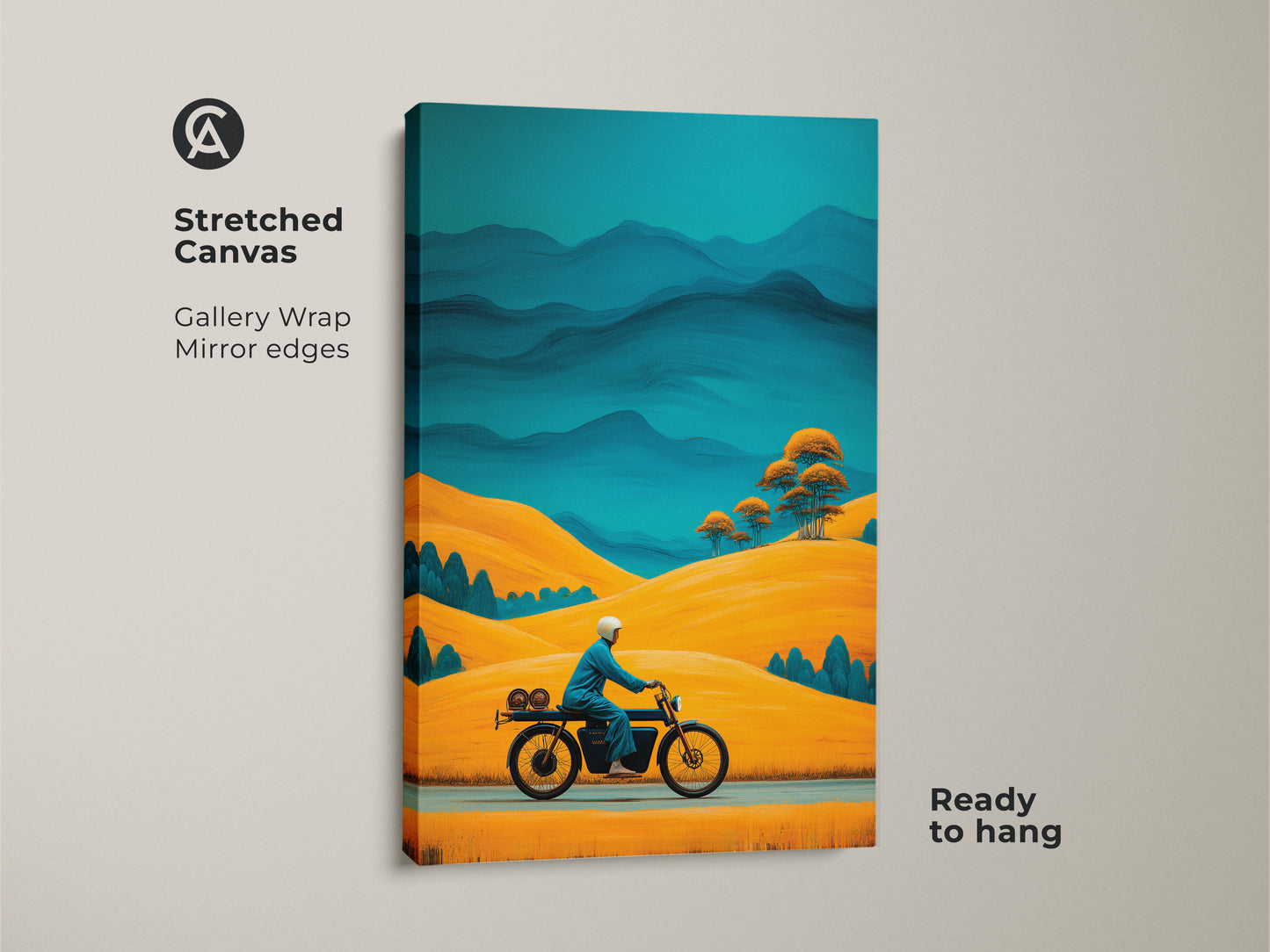 Stretched Canvas Gallery Wrap of a retro motorcycle print. The art shows golden yellow hills and teal blue mountains. Mid-century modern art for road trip enthusiasts. Ready to hang this motorcycle landscape art to enhance your home decor.
