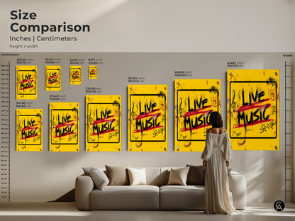 Compare sizes of this 'Live Music' graffiti art print to visualize it in your space. See how this yellow urban street canvas fits above a sofa or in a studio. Perfect for music lovers seeking eclectic wall decor with bold red and black accents.