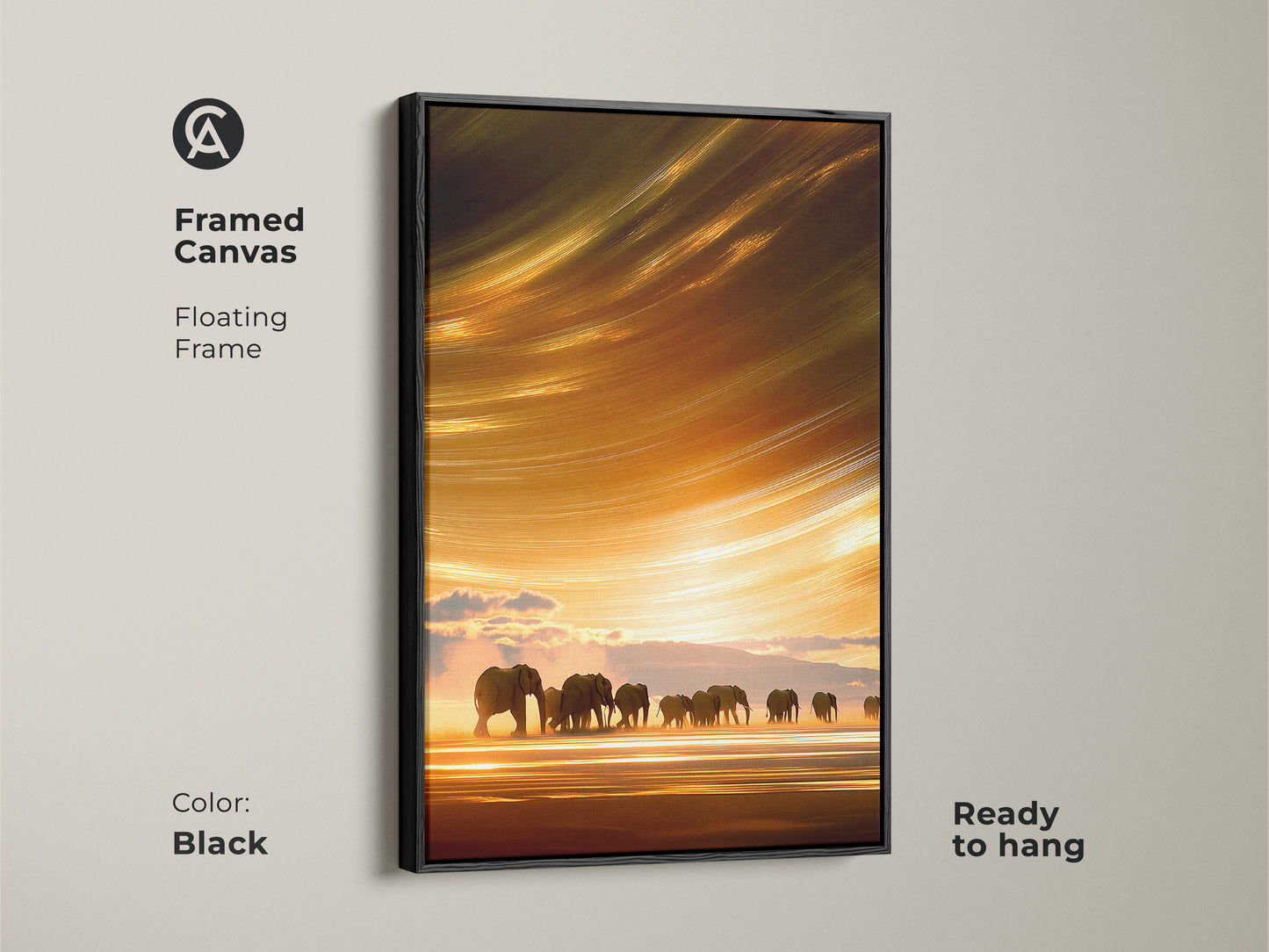 Framed canvas art features elephants on a savanna during sunset with a black floating frame. The orange yellow gold tones create a boho wildlife landscape. This unique wall decor is ready to hang for easy setup.