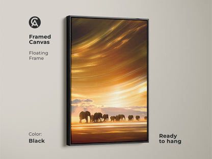 Framed canvas art features elephants on a savanna during sunset with a black floating frame. The orange yellow gold tones create a boho wildlife landscape. This unique wall decor is ready to hang for easy setup.