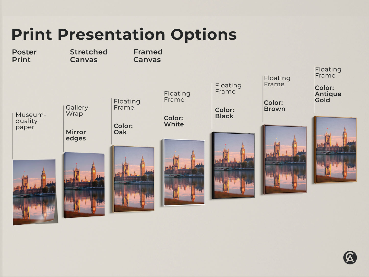 Explore print presentation options with this Houses of Parliament and Big Ben artwork. Choices include poster prints and stretched or framed canvases in various colors. Find perfect London decor!