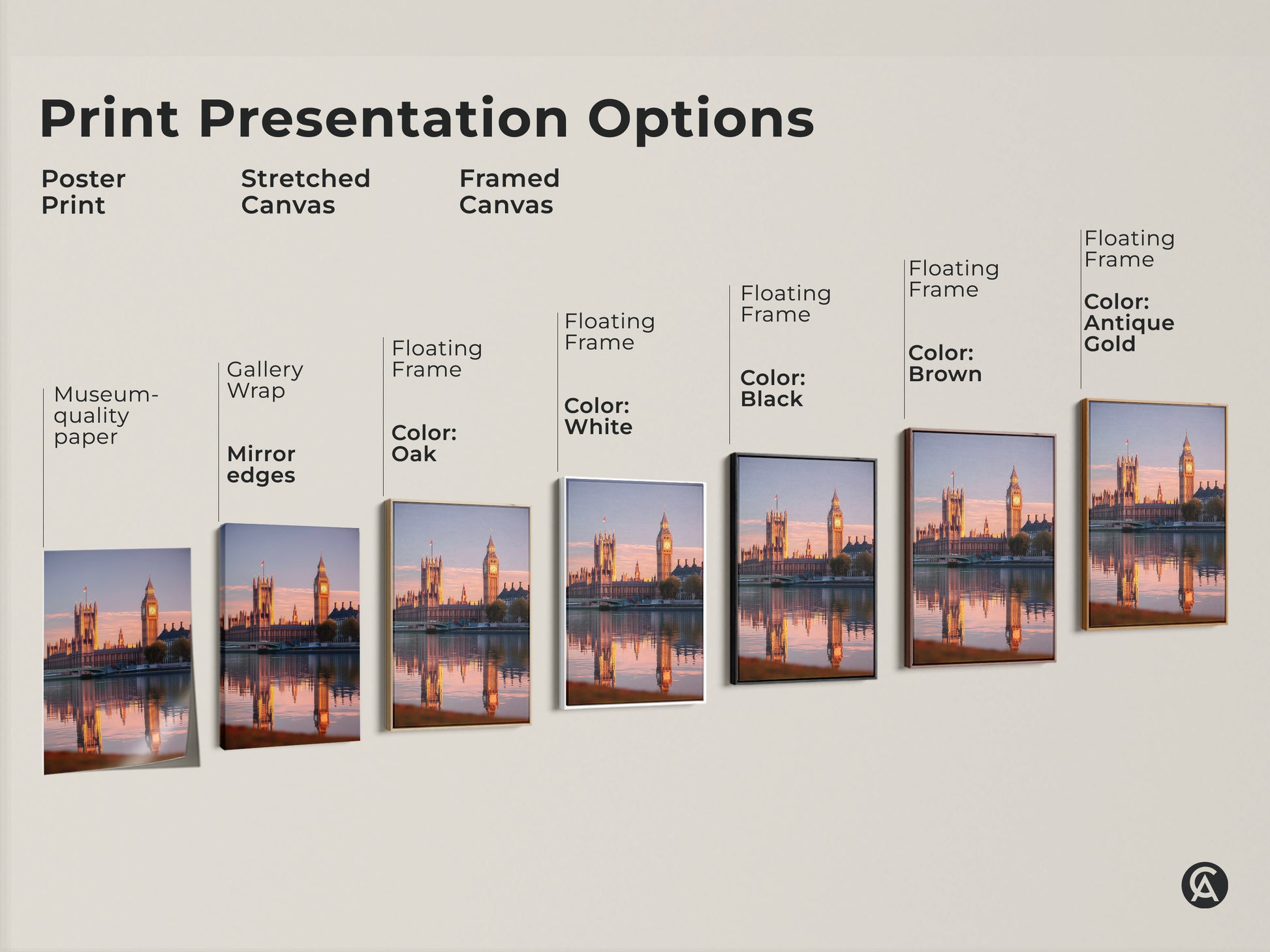 Explore print presentation options with this Houses of Parliament and Big Ben artwork. Choices include poster prints and stretched or framed canvases in various colors. Find perfect London decor!