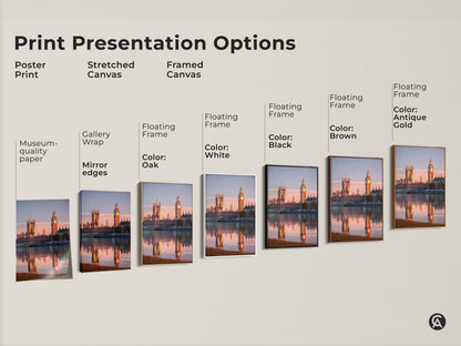 Explore print presentation options with this Houses of Parliament and Big Ben artwork. Choices include poster prints and stretched or framed canvases in various colors. Find perfect London decor!