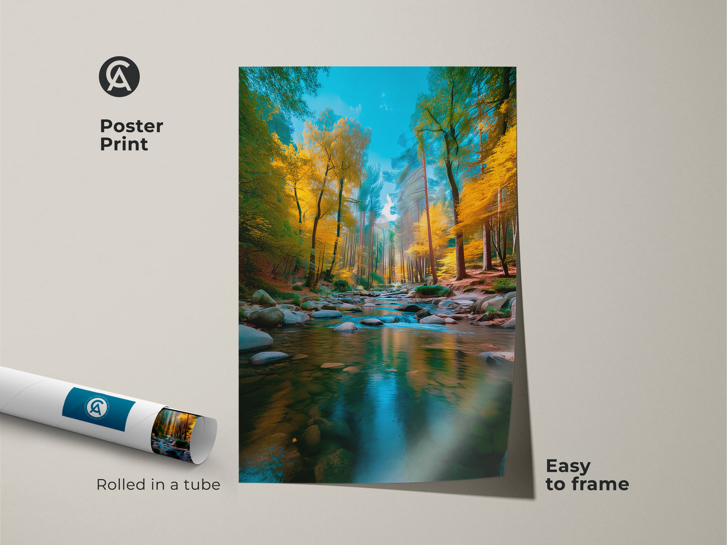 Poster print displaying a beautiful forest river scene in the fall. The rolled poster is easy to frame and adds a touch of nature to any space. Ideal for scenic landscape art lovers.