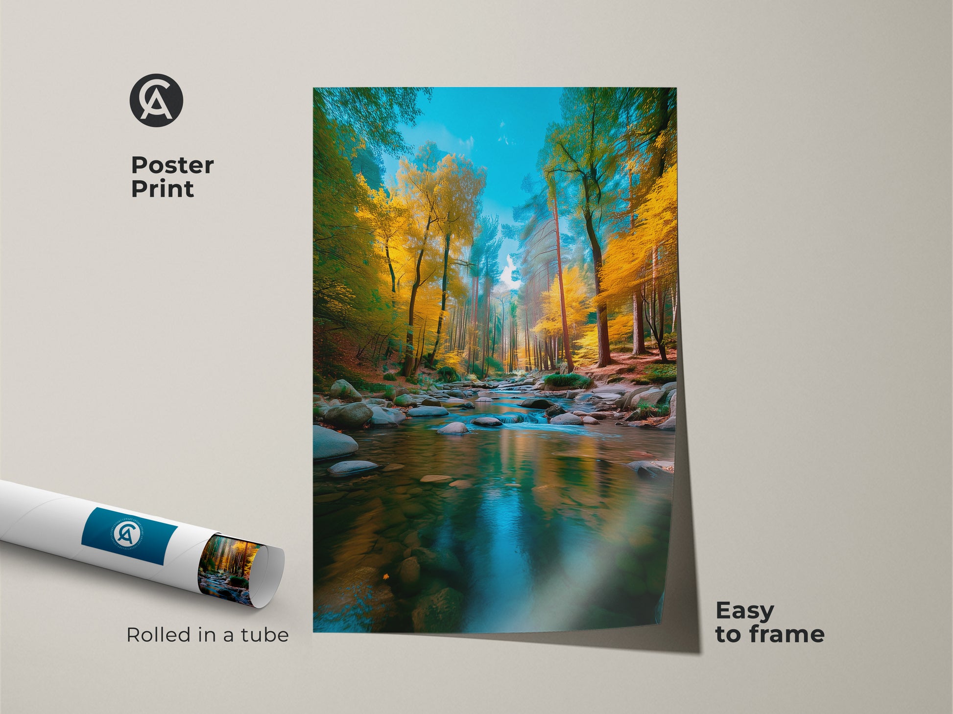 Poster print displaying a beautiful forest river scene in the fall. The rolled poster is easy to frame and adds a touch of nature to any space. Ideal for scenic landscape art lovers.