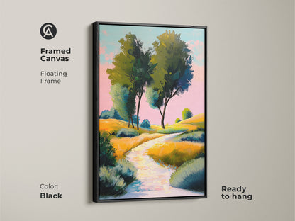 Framed canvas features yellow green rolling hills. This impressionistic landscape artwork enhances any room. The floating frame adds a touch of elegance. Black frame beautifully complements the nature path wall art offering a ready-to-hang art piece.