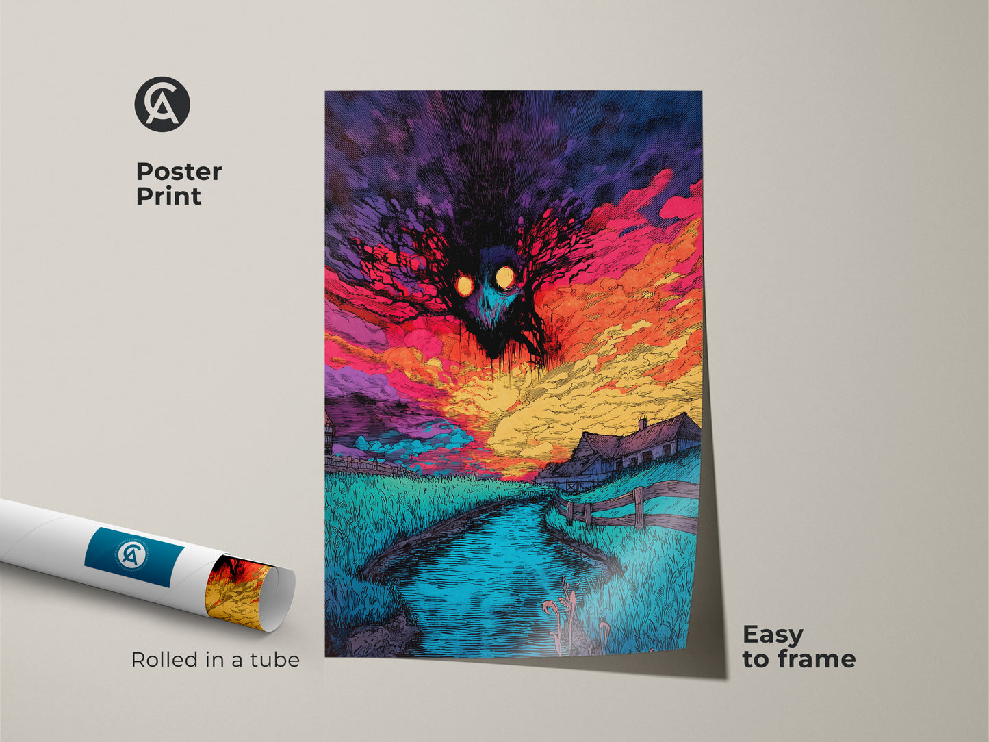 Poster print of a spooky monster artwork. The artwork shows a colorful sunset scene over a farm. The poster is rolled in a tube. It is easy to frame. A perfect wall art for horror fans.