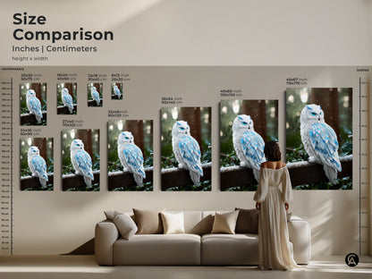 Size comparison showcasing various sizes of the fantasy snowy owl artwork in inches and centimeters. The blue crystal feathered winter bird art complements a living room. This nature-inspired wall art enhances any space.