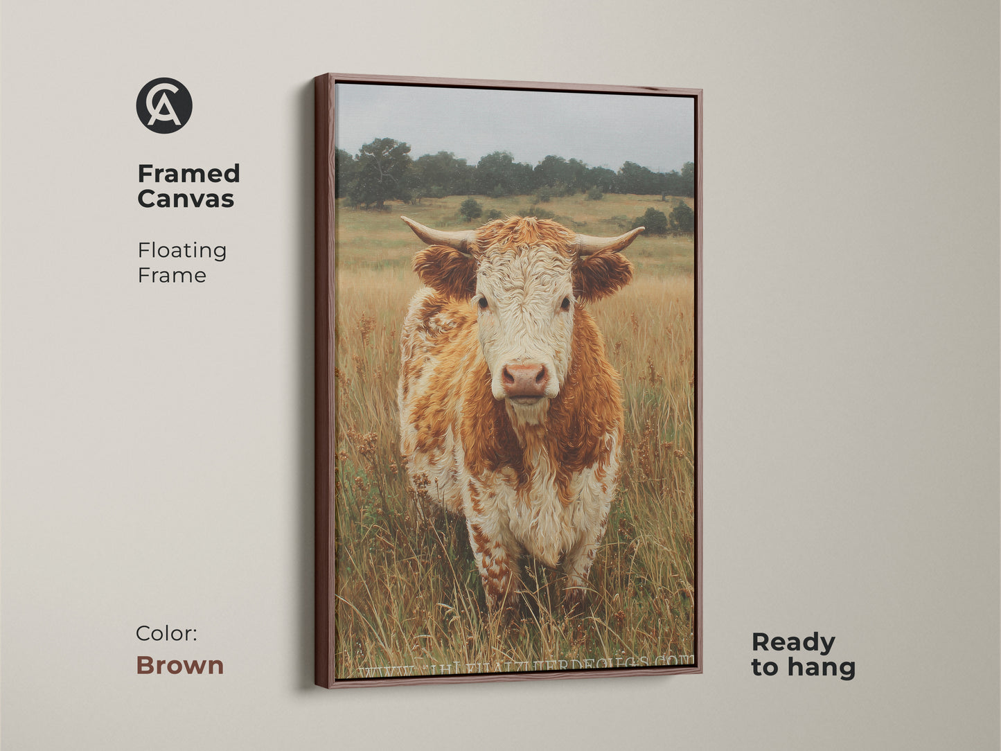 This framed canvas shows a cow portrait with a floating frame in brown. The artwork features a cow standing in a field. Ready to hang the canvas adds warmth to animal art. The natural tones complement the subject.