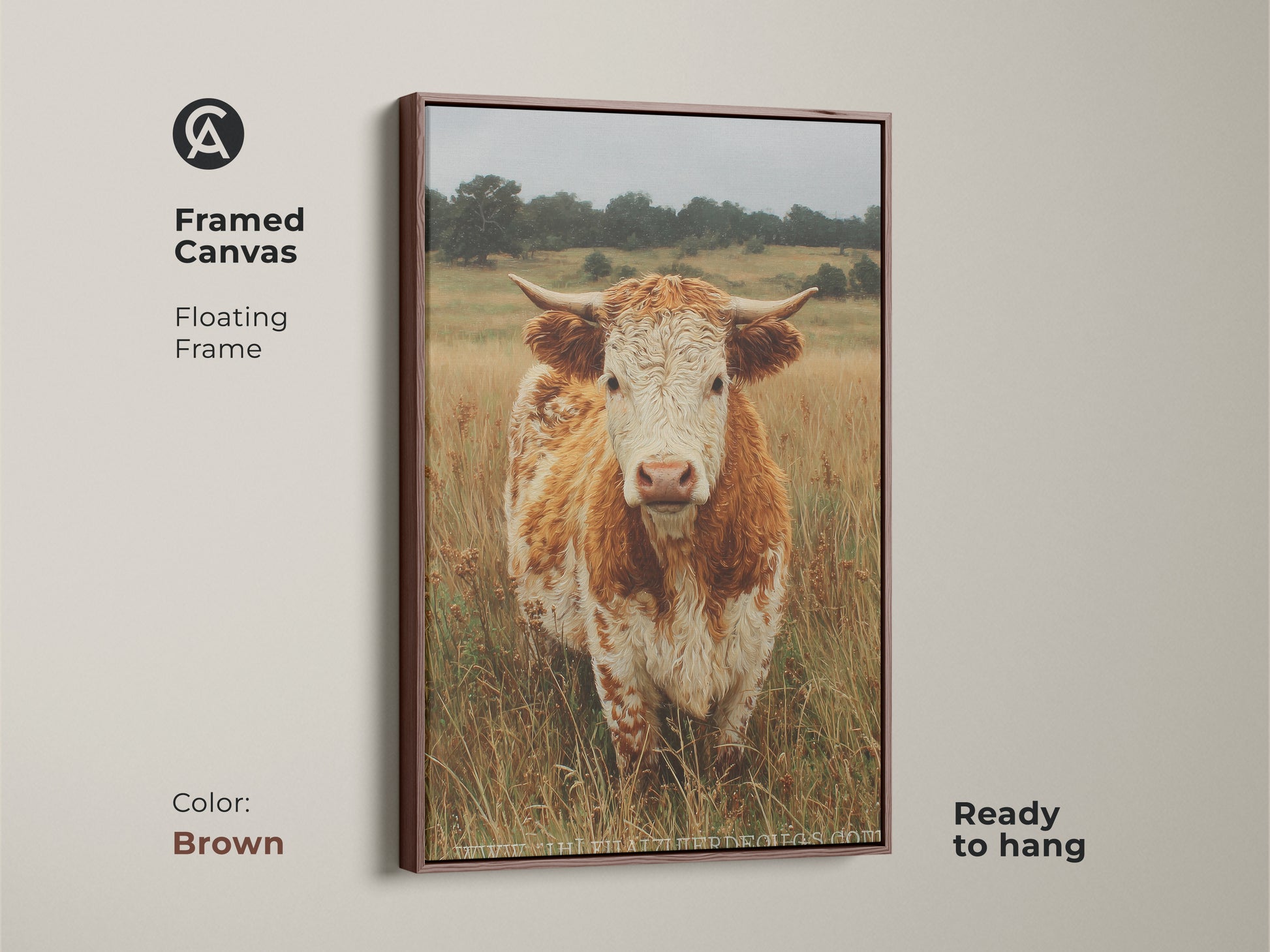 This framed canvas shows a cow portrait with a floating frame in brown. The artwork features a cow standing in a field. Ready to hang the canvas adds warmth to animal art. The natural tones complement the subject.