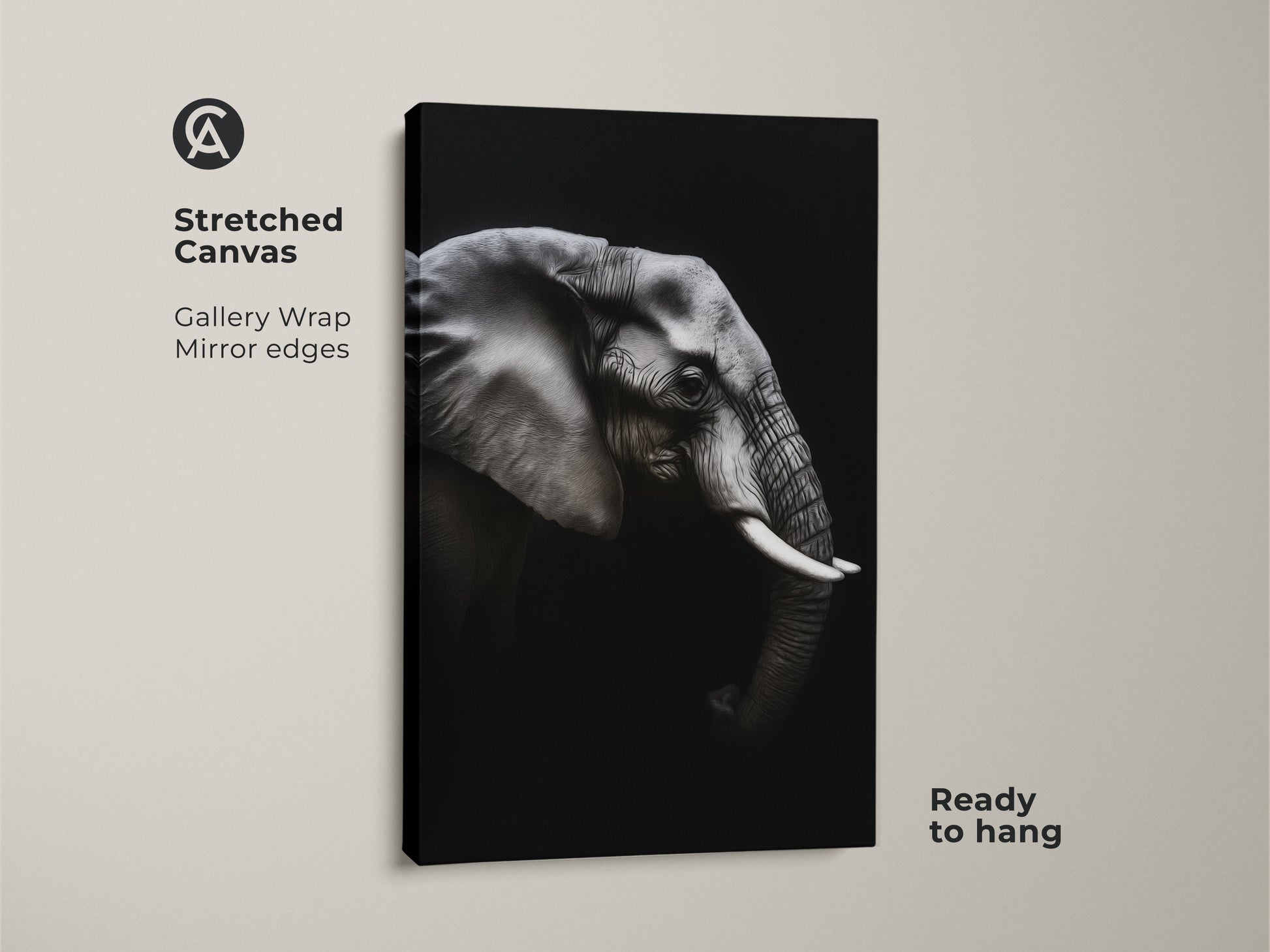 Stretched monochrome elephant canvas ready to hang. Realistic black and white wildlife print showcases intricate detail. It is ideal for animal lovers seeking minimalist office elephant artwork. This gallery wrapped canvas adds sophisticated animal art to any space.