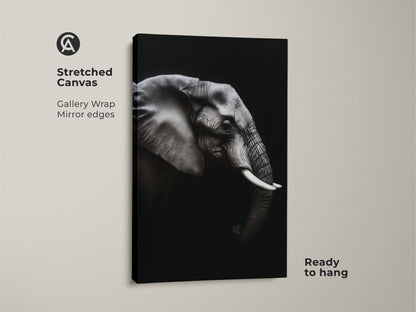 Stretched monochrome elephant canvas ready to hang. Realistic black and white wildlife print showcases intricate detail. It is ideal for animal lovers seeking minimalist office elephant artwork. This gallery wrapped canvas adds sophisticated animal art to any space.