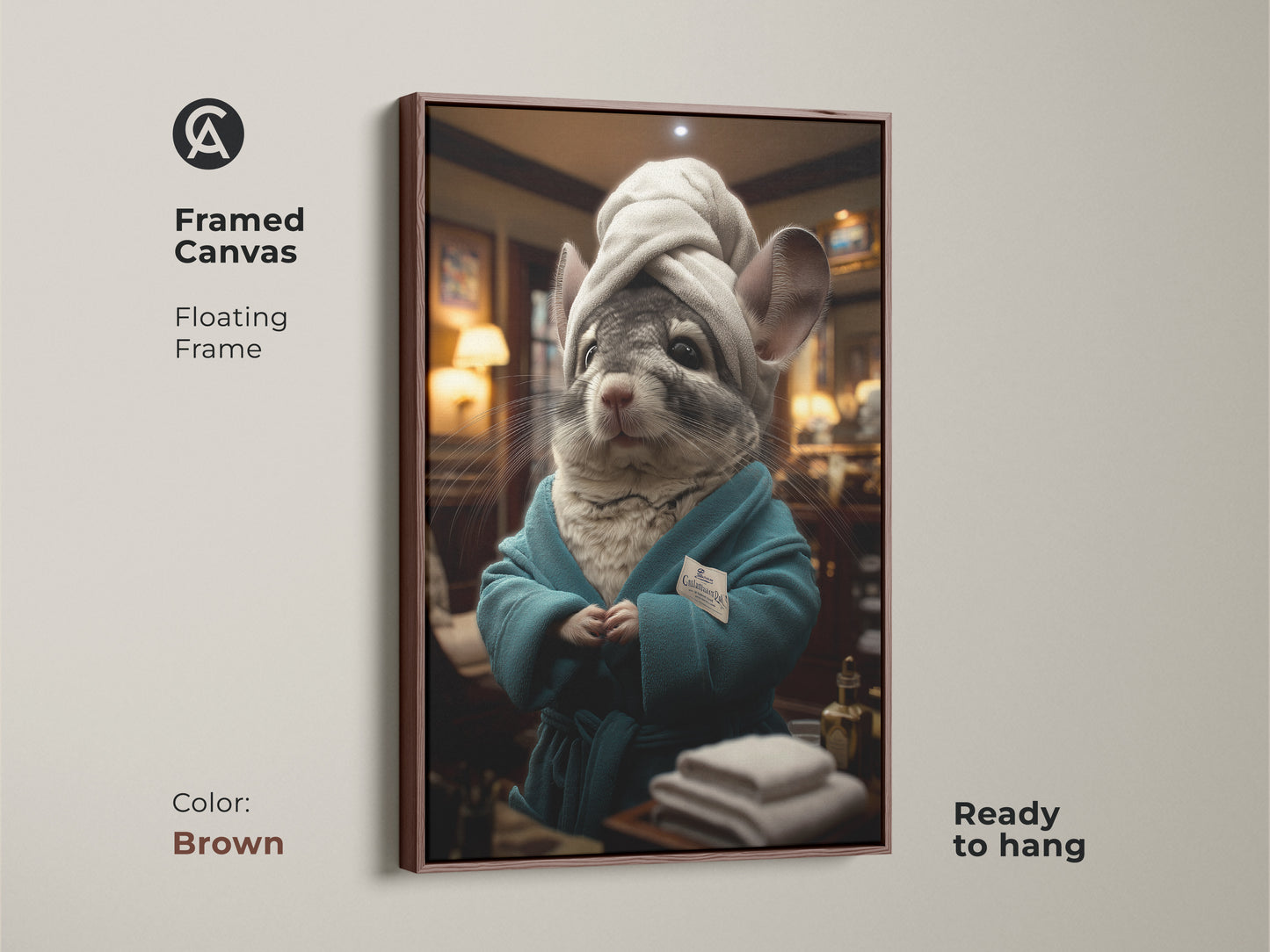 Framed canvas art featuring a chinchilla enjoying a spa day. The floating frame adds sophistication. It arrives ready to hang. The brown frame complements the gray white and teal tones. This funny animal artwork is perfect for pet lovers. Ideal for eclectic decor and spa-themed bathrooms. It makes a unique chinchilla gift.
