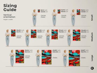 Sizing guide for Pop Art canvas prints. Vertical orientation with height and width measurements. From small to large sizes available. The abstract landscape shows a sports car and motorcycles. Enhance garage wall decor. Modern art print.