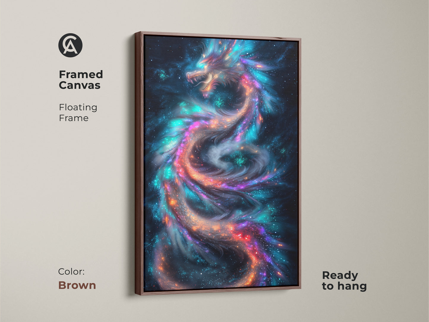 Framed canvas of a cosmic dragon with a floating brown frame. This fantasy art features celestial mythology. The colors are a blend of blue purple and teal. This wall decor is ready to hang. Perfect gift for fantasy fans.