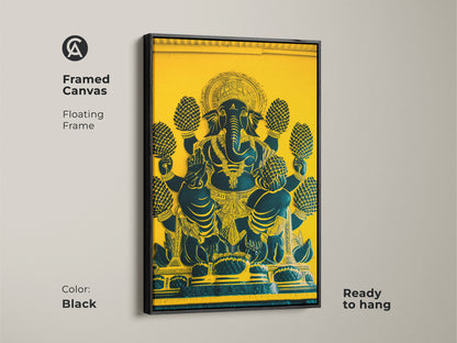 Black framed canvas of Ganesha. The floating frame highlights this spiritual home decor. The traditional Indian artwork blends yellow teal and gold accents. This Elephant God canvas is ready to hang. Adds a sense of divine presence.