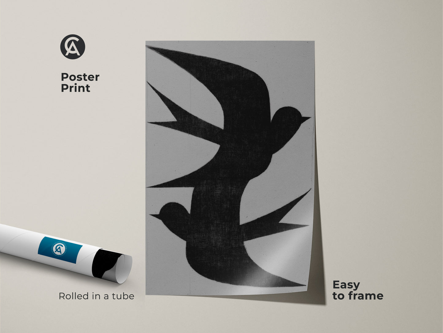 This is a poster print of minimalist wall art. The abstract black swallow flock artwork is rolled in a tube. It is easy to frame. This modern grey nature decor is ideal for bedroom wall decor. A monochrome canvas print can be a thoughtful housewarming gift.