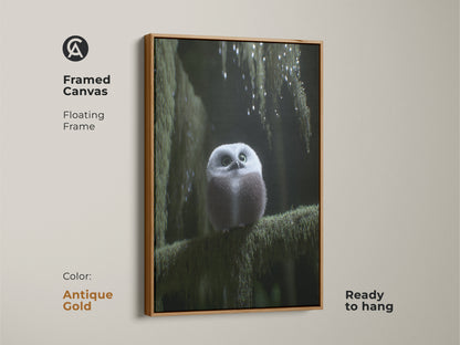 Framed canvas showcasing a cute forest owl art print with a floating antique gold frame. The artwork adds a touch of elegance to any space. Perfect as woodland nursery decor or boho forest art. A thoughtful gift for nature lovers and fans of fantasy creature prints