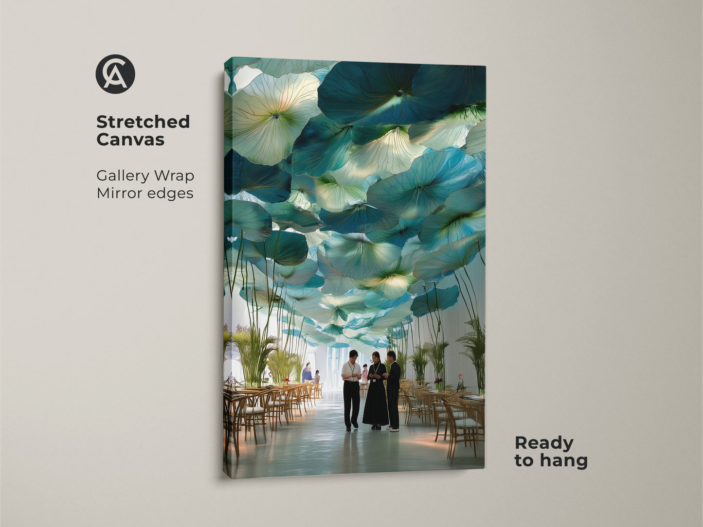 Stretched canvas art in a dining setting. Gallery wrapped teal lotus leaf artwork with mirrored edges. Modern botanical wall art is ready to hang. Abstract nature inspired print for contemporary decor adds a touch of elegance.