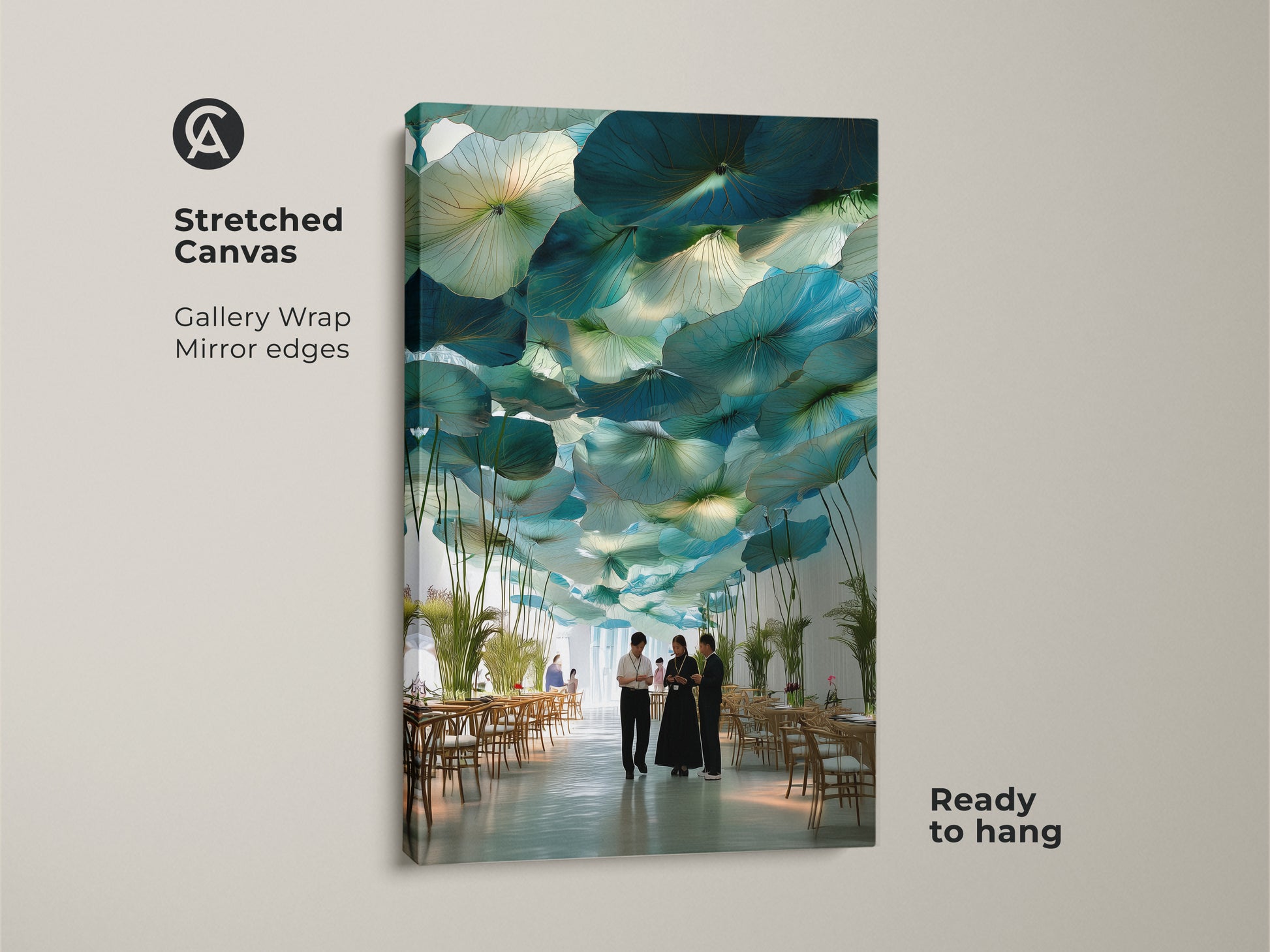 Stretched canvas art in a dining setting. Gallery wrapped teal lotus leaf artwork with mirrored edges. Modern botanical wall art is ready to hang. Abstract nature inspired print for contemporary decor adds a touch of elegance.
