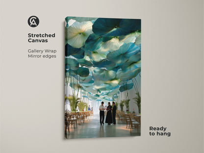 Stretched canvas art in a dining setting. Gallery wrapped teal lotus leaf artwork with mirrored edges. Modern botanical wall art is ready to hang. Abstract nature inspired print for contemporary decor adds a touch of elegance.