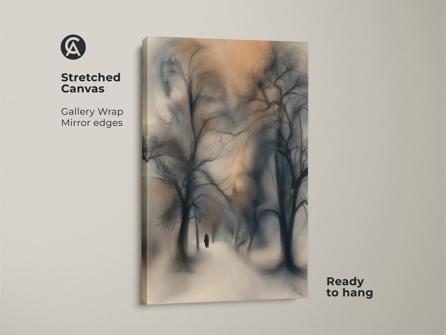 This stretched canvas displays an impressionistic winter trees canvas. It has a gallery wrap with mirror edges. The blue gray orange art print shows a nature scene with a solitary figure. It's ready to hang as unique wall decor.