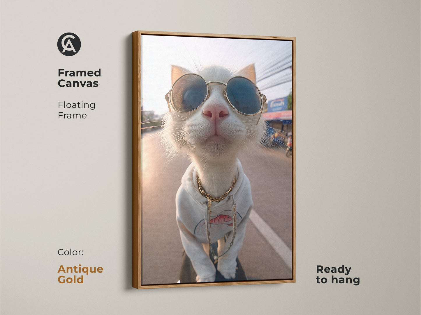 Framed canvas art of a trendy cat wearing sunglasses and a hoodie. The floating frame is antique gold adding a touch of elegance. This ready-to-hang piece is ideal for art collectors. It brings a unique stylish flair to any space.