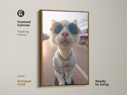 Framed canvas art of a trendy cat wearing sunglasses and a hoodie. The floating frame is antique gold adding a touch of elegance. This ready-to-hang piece is ideal for art collectors. It brings a unique stylish flair to any space.
