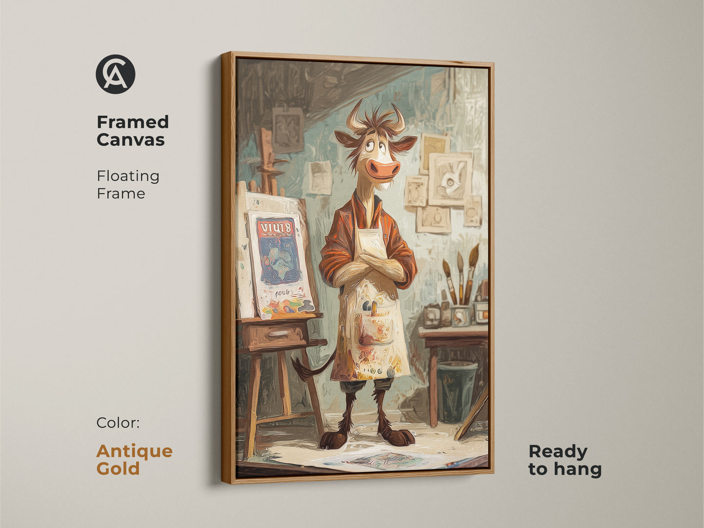 Framed canvas of a cartoon cow artist with an antique gold floating frame. This whimsical cow wall art is ready to hang. The studio easel painting adds a touch of charm. This eclectic animal artwork is a thoughtful gift for art lovers.