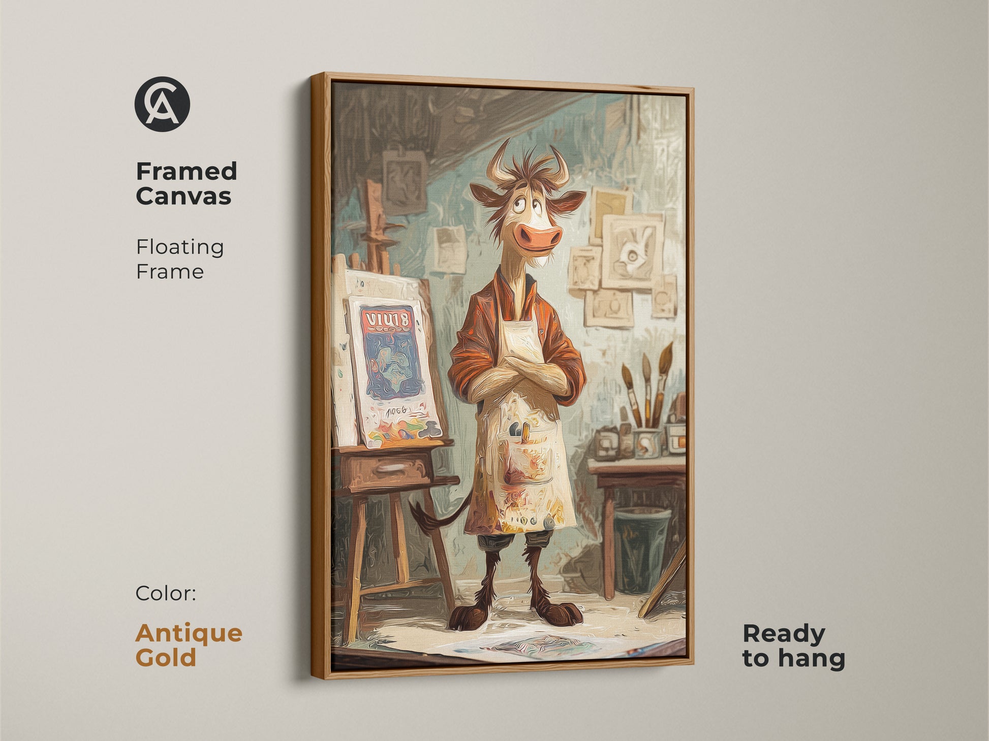 Framed canvas of a cartoon cow artist with an antique gold floating frame. This whimsical cow wall art is ready to hang. The studio easel painting adds a touch of charm. This eclectic animal artwork is a thoughtful gift for art lovers.