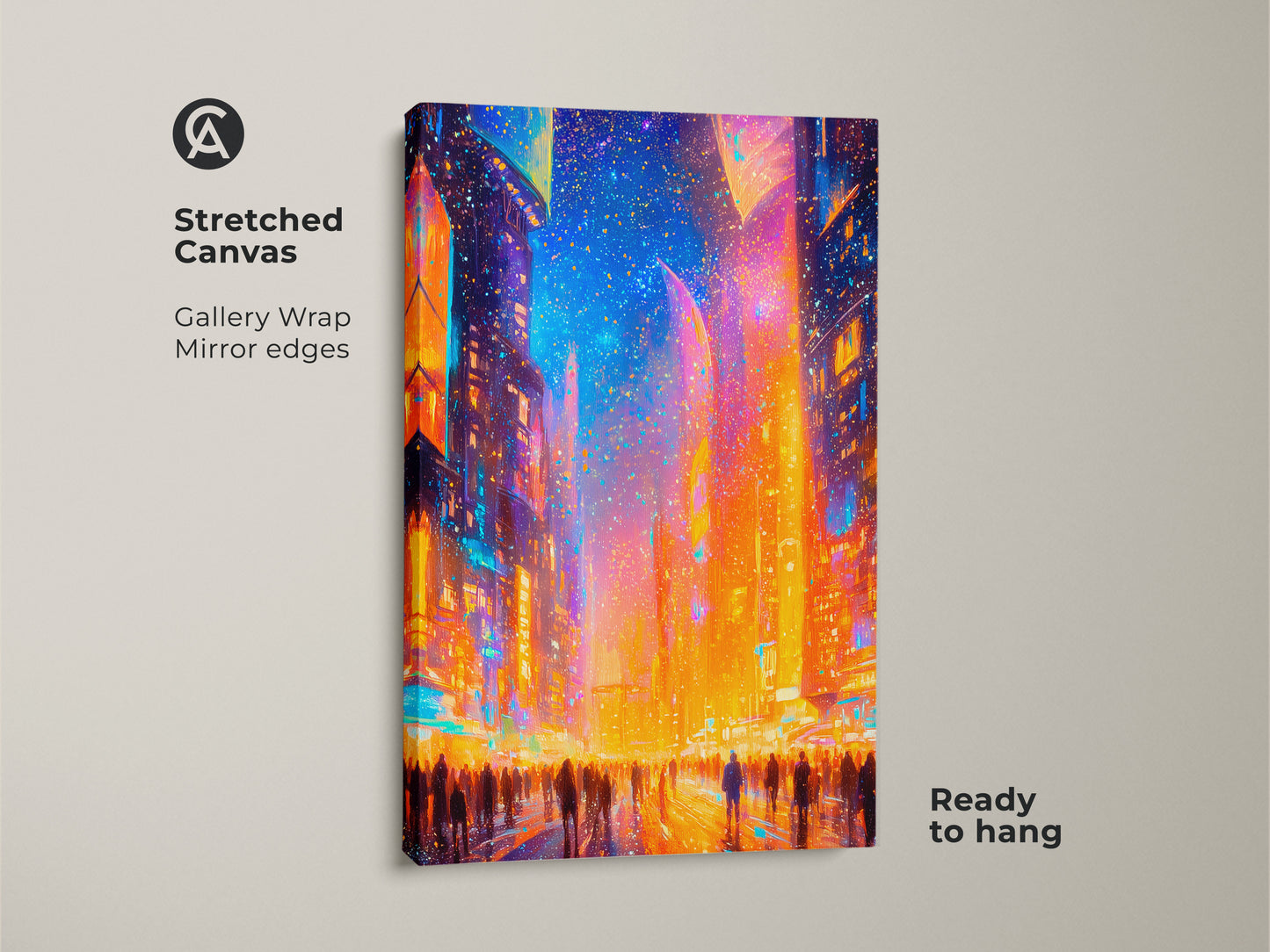 Stretched canvas artwork featuring a bright cityscape with a crowd. The canvas is gallery wrapped with mirror edges. This ready to hang art adds a pop of color to your home decor. It is a great addition to any art collection.