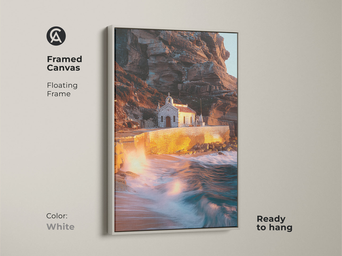 White framed canvas art shows a coastal chapel. The floating frame complements the warm earth tones and teal accents. Ready-to-hang ocean waves photograph captures the essence of Mediterranean coastal art. An excellent housewarming gift for coastal home decor.