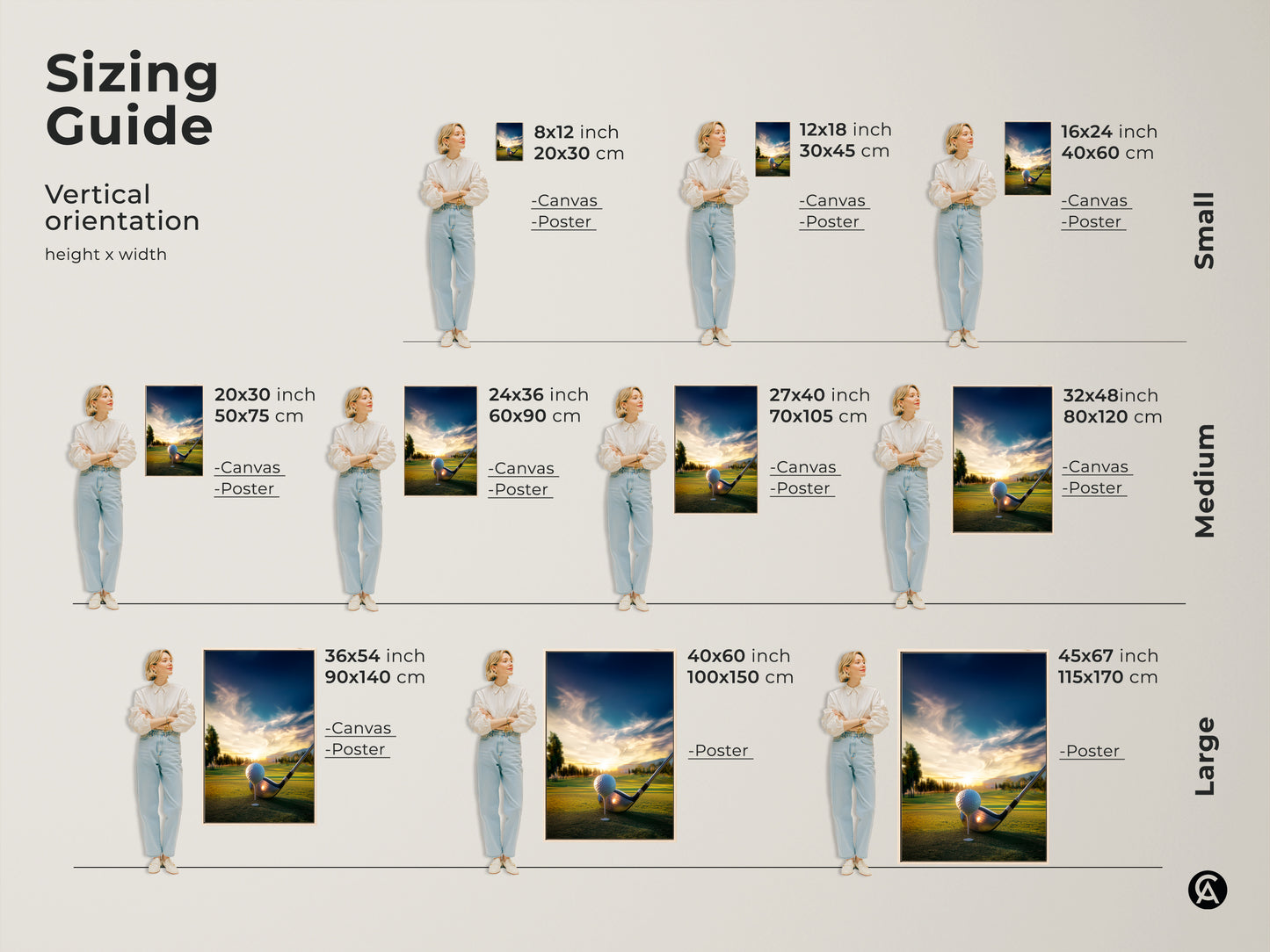 Sizing guide for golf course art prints. Vertical orientation options are shown with people for scale. Available in small medium and large sizes. Perfect for any space and wall.