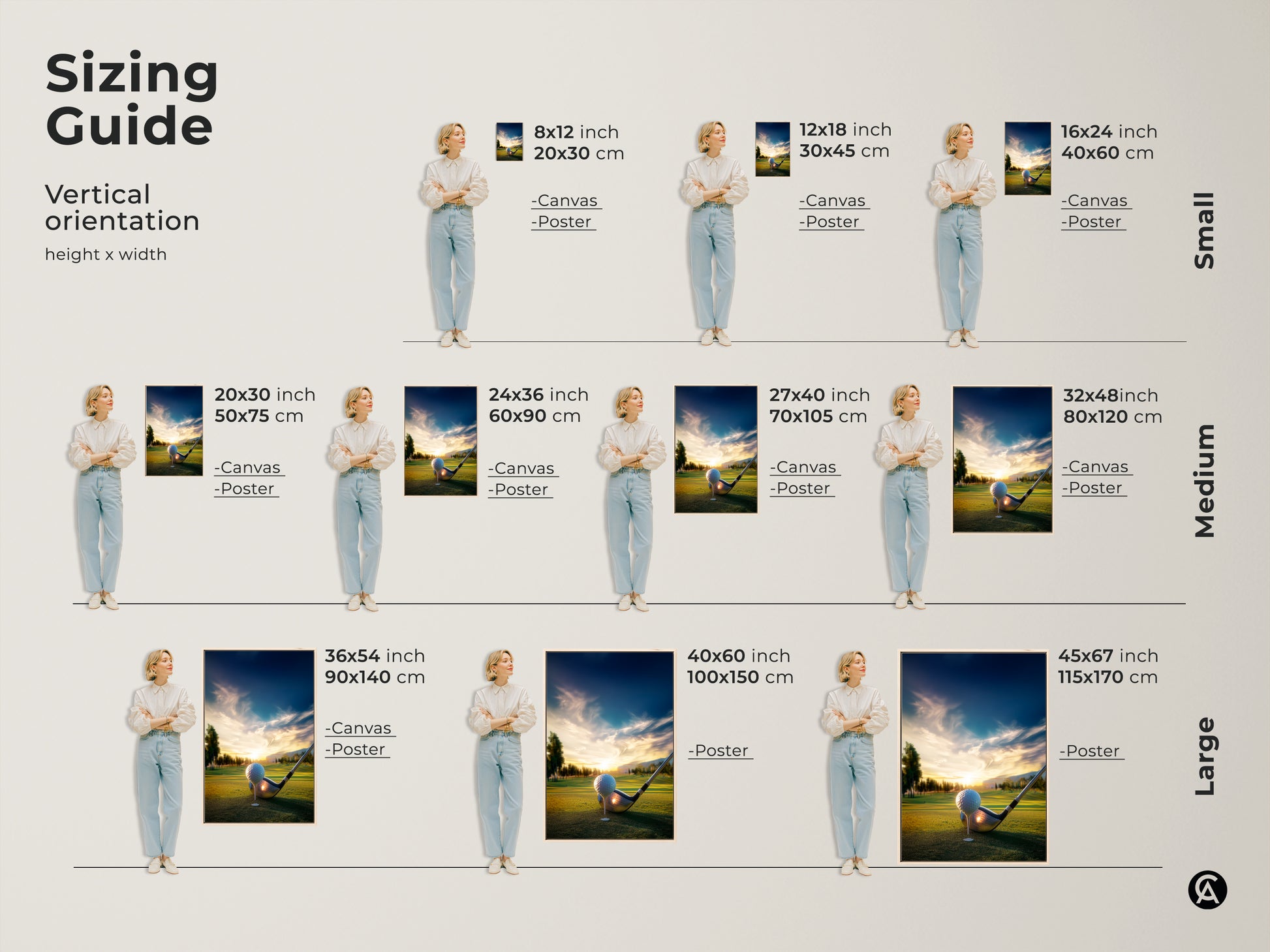 Sizing guide for golf course art prints. Vertical orientation options are shown with people for scale. Available in small medium and large sizes. Perfect for any space and wall.